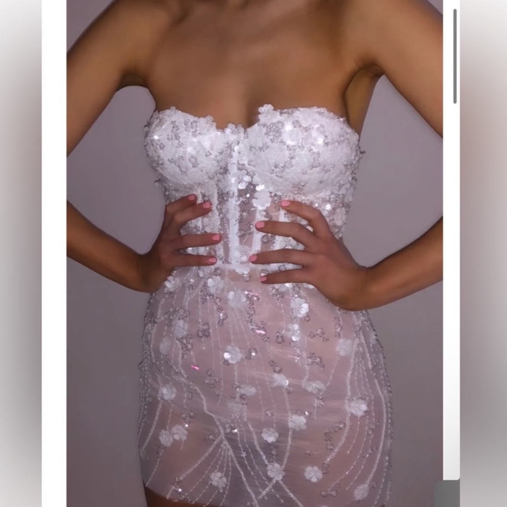 Strapless Sequin Mesh Mini Dress in White